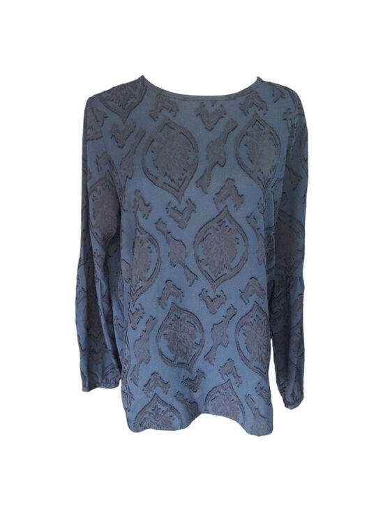LOFT Tops - Loft Blouse Blue With Black Velvet Textured Burnout Pattern Top Size Medium